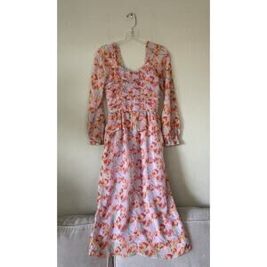 BURU Lavender Floral Print MIDI Peplum Dress Metallic Trim Size XS Front To Back